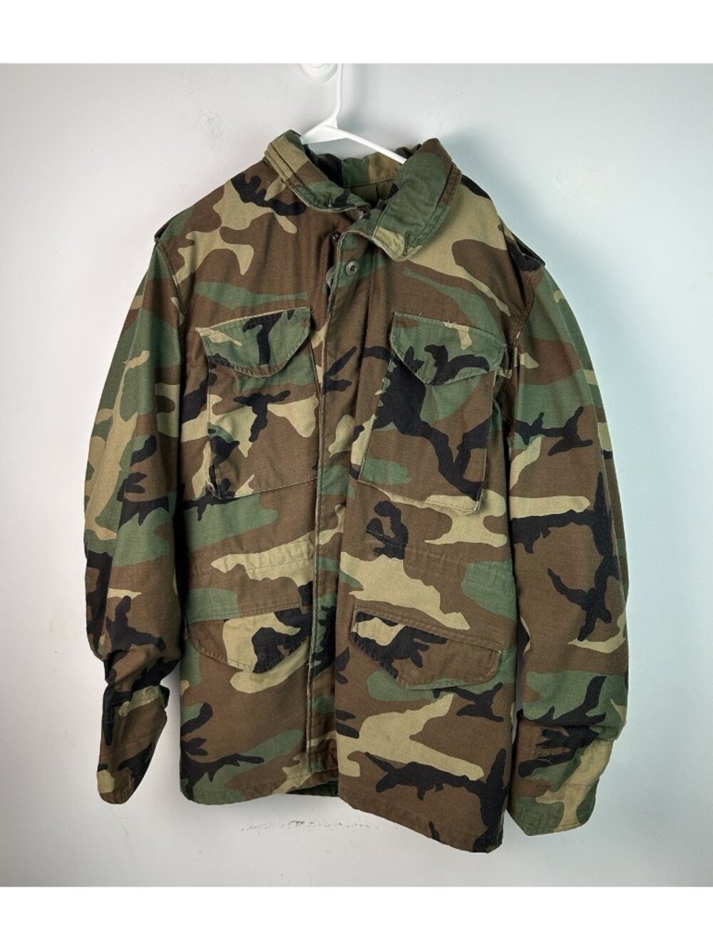 M65 Woodland Camo Cold Weather Field Coat Jacket Long Sleeve Mens Medium Long